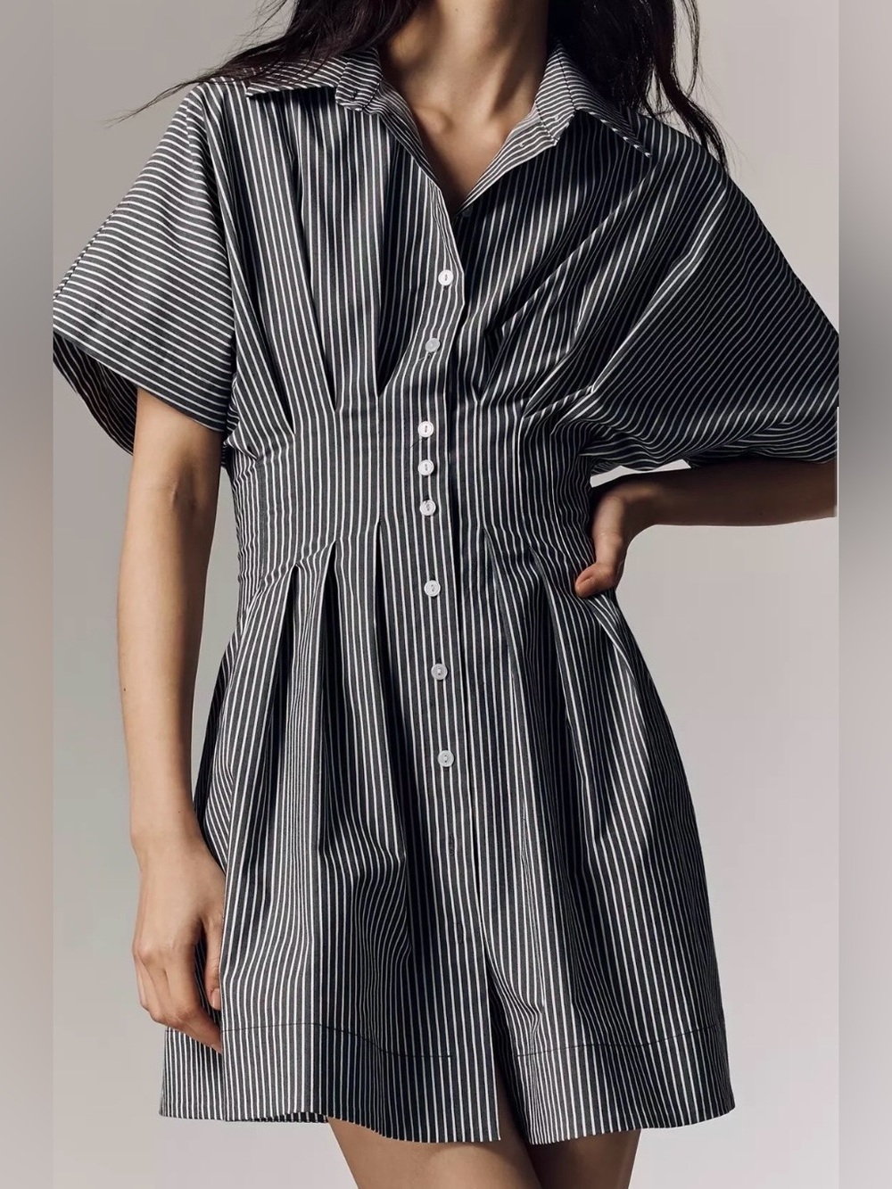 ExquiseTobie Mini Shirt Dress by Anthropologie | Black & White Stripe | size: M